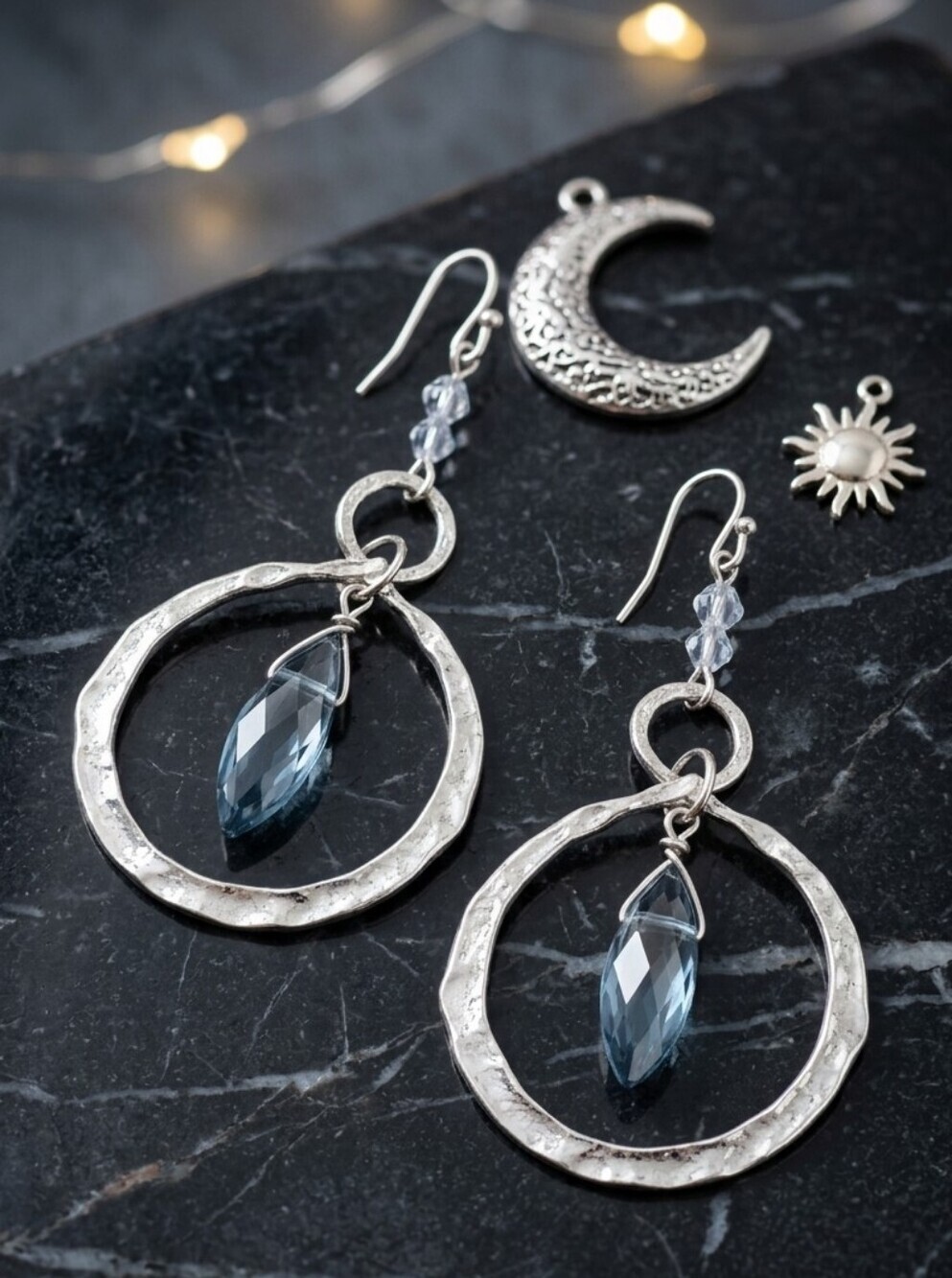 Hammered Silver Hoop Blue Crystal Dangle Earrings Whimsigoth Celestial Boho 2.8"